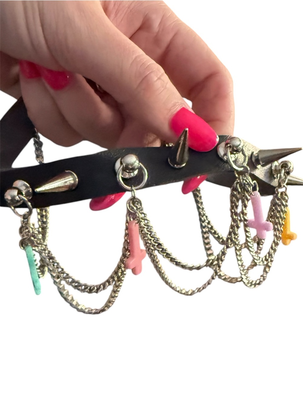 Multi-Chain Silver Spike choker with Pastel Charms - Women Accessories
